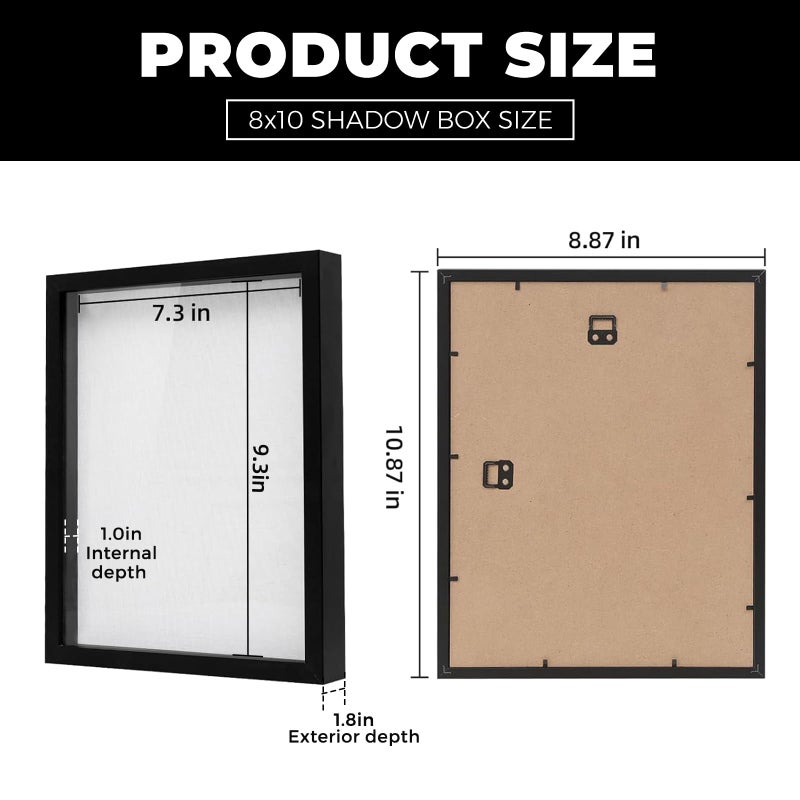 Muzilife Shadow Box Picture Frame with Linen Board Deep Wood Glass Display Case Ready to Hang Memory Box Baby Sports Memorabilia, Pins, Awards, Medals, Wedding, Tickets and Photos (Black, 2pcs 8X10) - Image 3